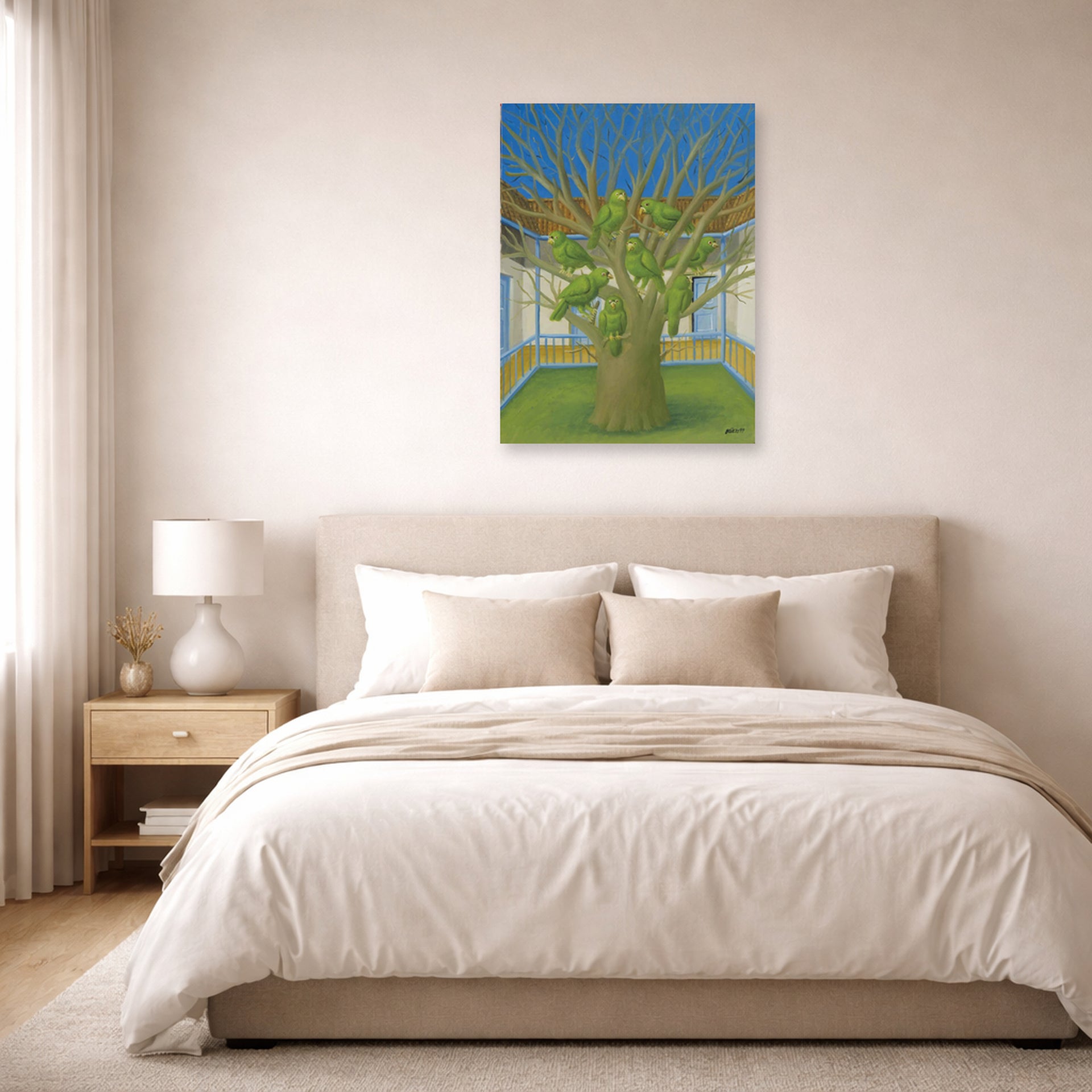 Unframed poster print of Fernando Botero's The Dead Tree displayed on a wall in a bedroom