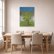 Unframed poster print of Fernando Botero's The Dead Tree displayed on a wall in a dining room