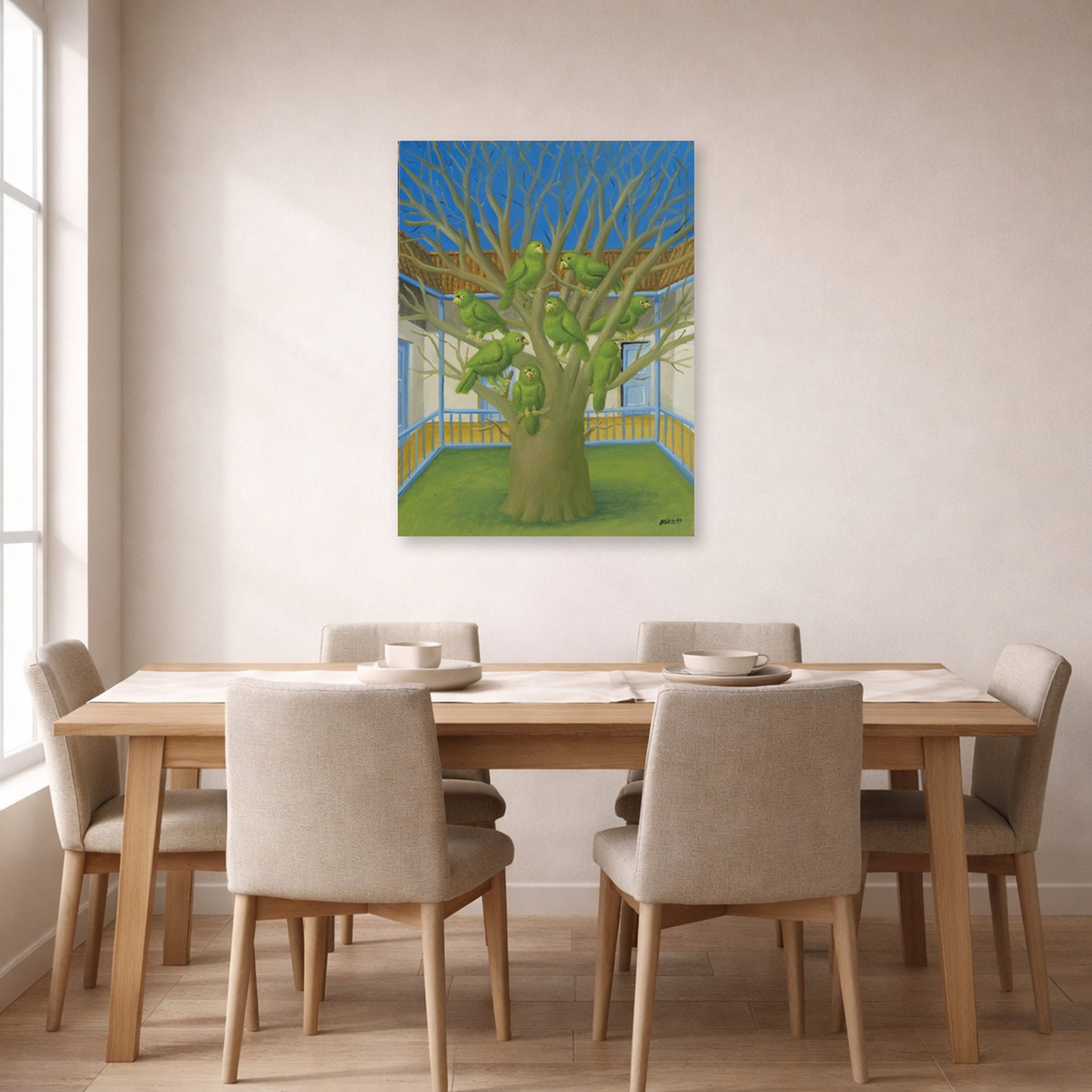Unframed poster print of Fernando Botero's The Dead Tree displayed on a wall in a dining room