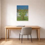 Unframed poster print of Fernando Botero's The Dead Tree displayed on a wall in a home office
