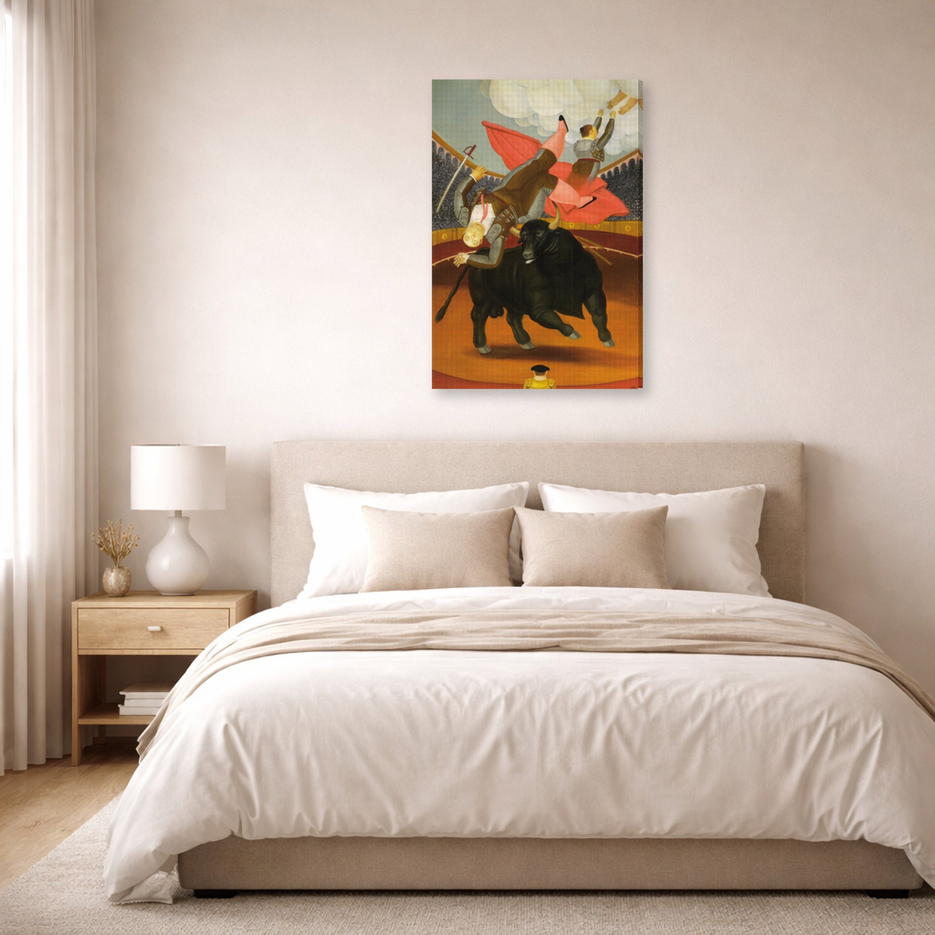 Gallery-wrapped canvas print of Fernando Botero's The Death of Luis Chalet displayed on a wall in a bedroom