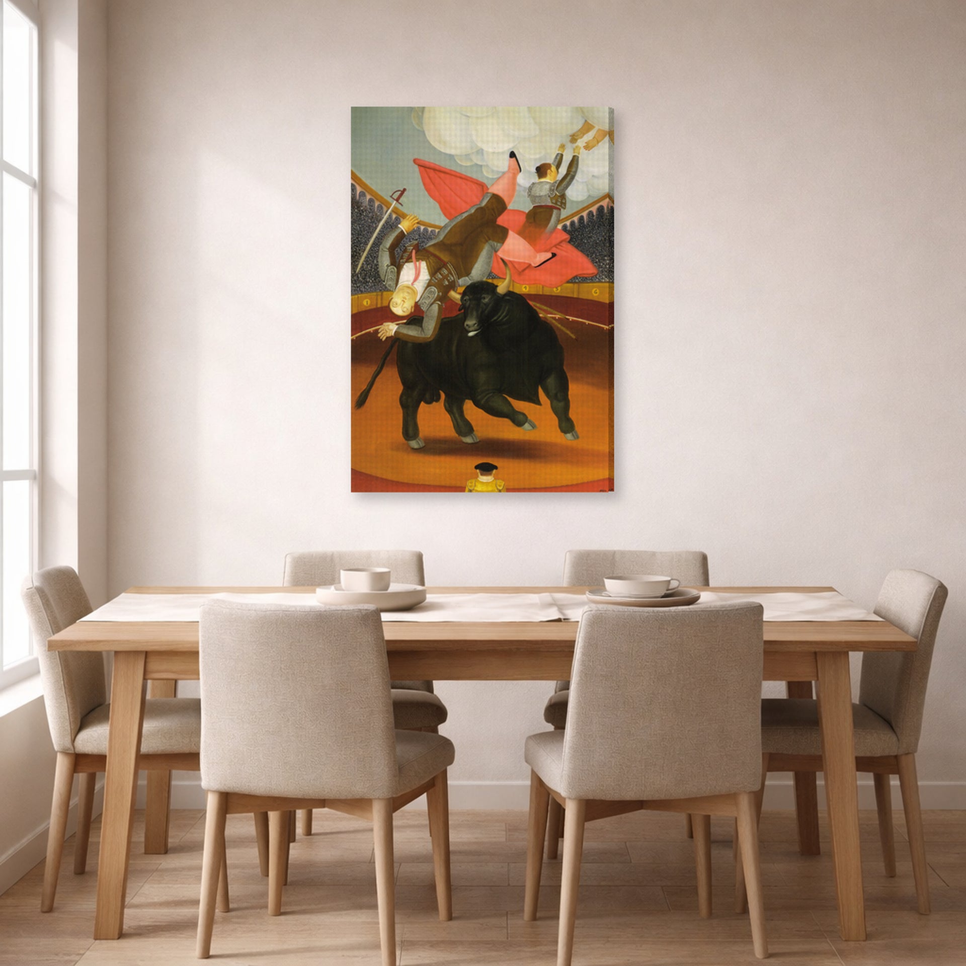 Gallery-wrapped canvas print of Fernando Botero's The Death of Luis Chalet displayed on a wall in a dining room