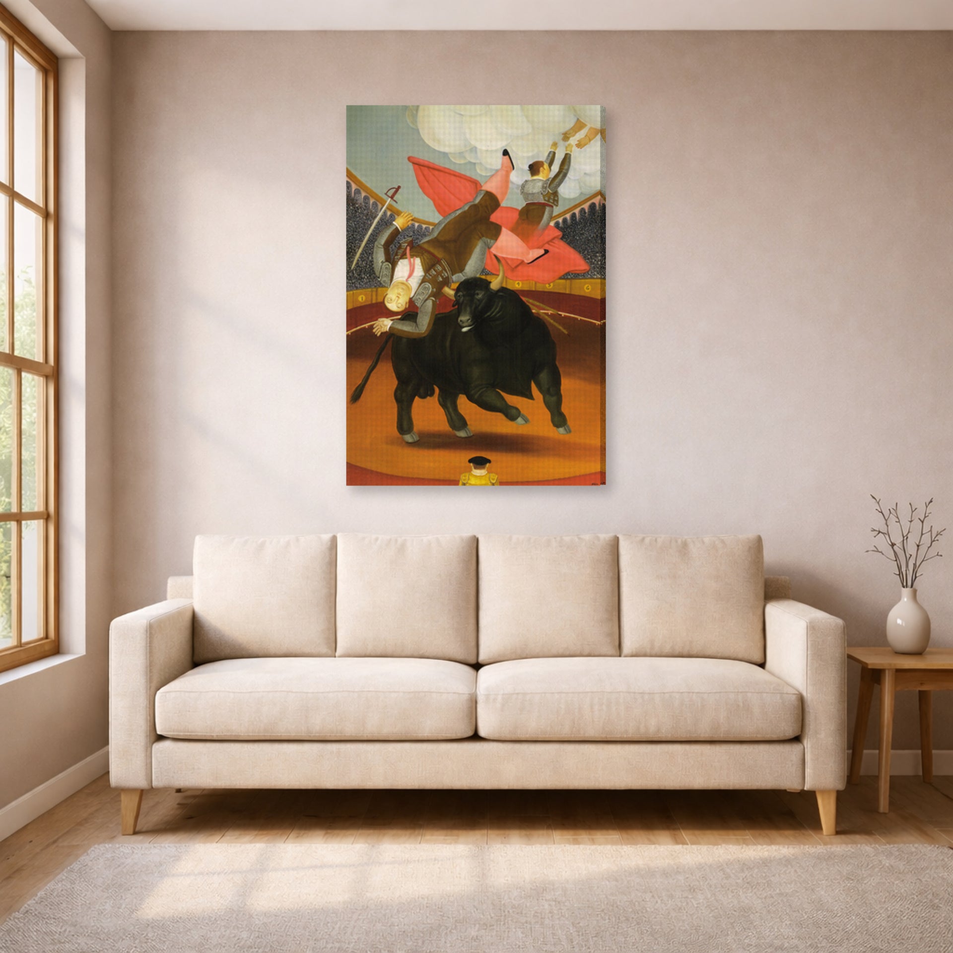 Gallery-wrapped canvas print of Fernando Botero's The Death of Luis Chalet displayed on a wall in a living room