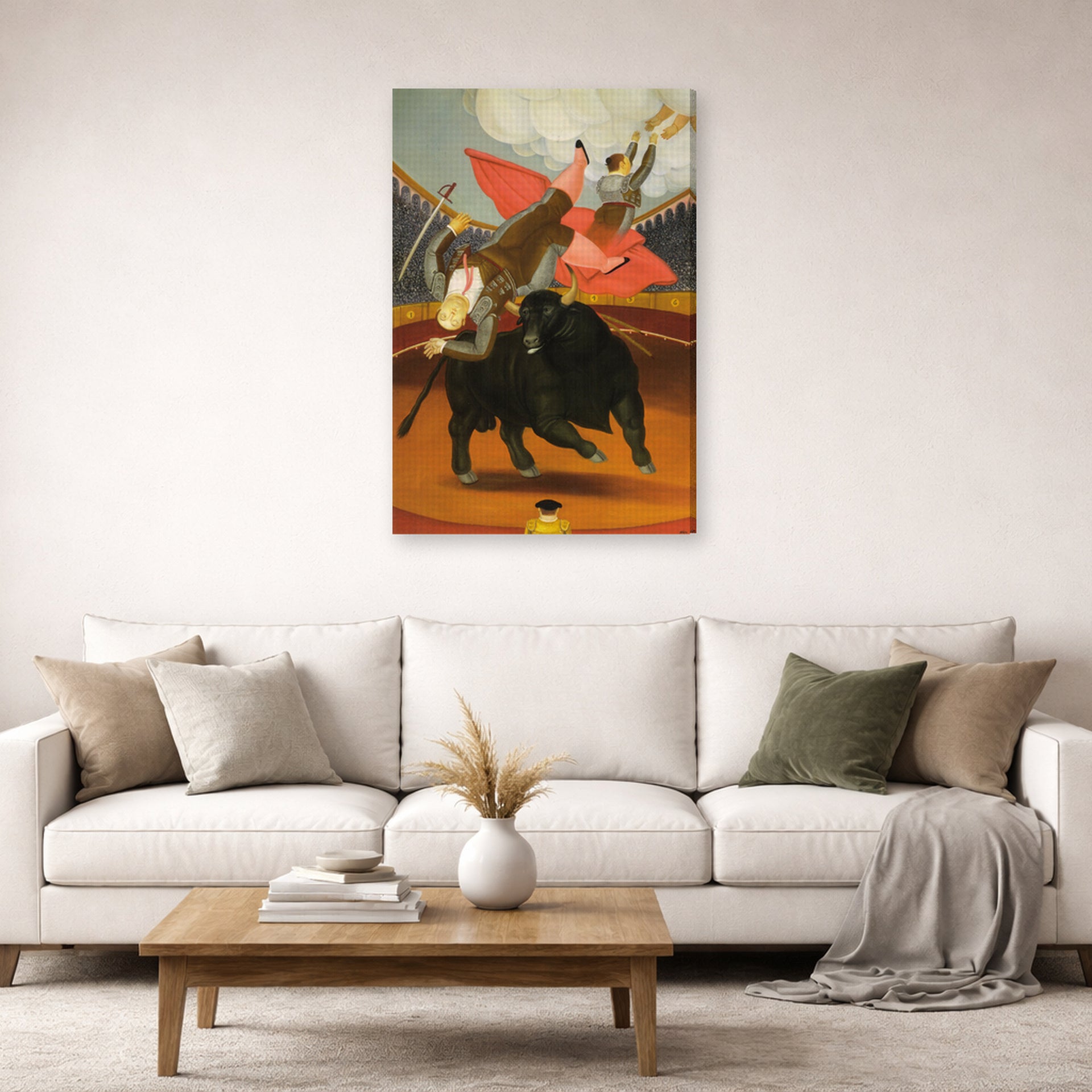 Gallery-wrapped canvas print of Fernando Botero's The Death of Luis Chalet displayed on a wall in a living room