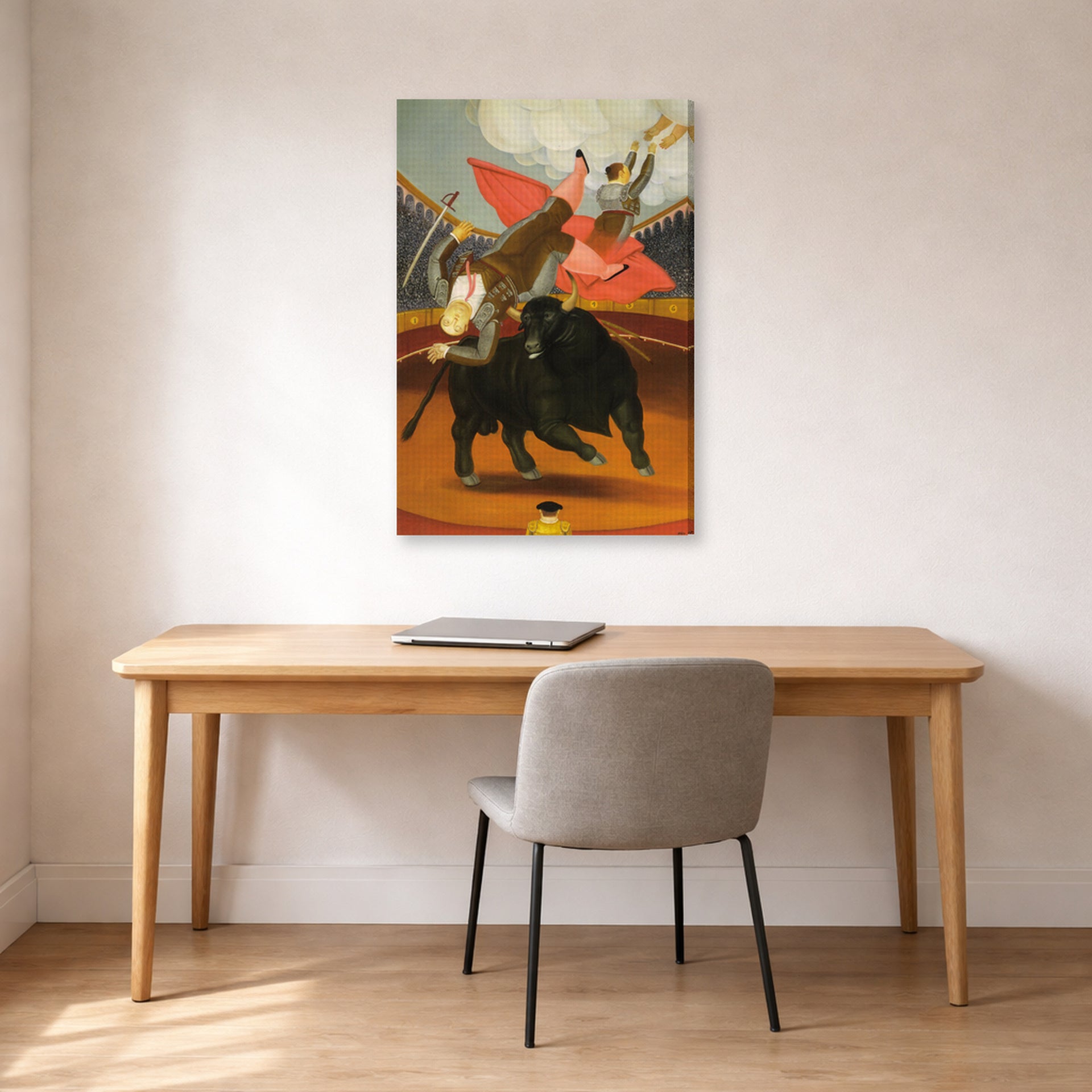 Gallery-wrapped canvas print of Fernando Botero's The Death of Luis Chalet displayed on a wall in a home office