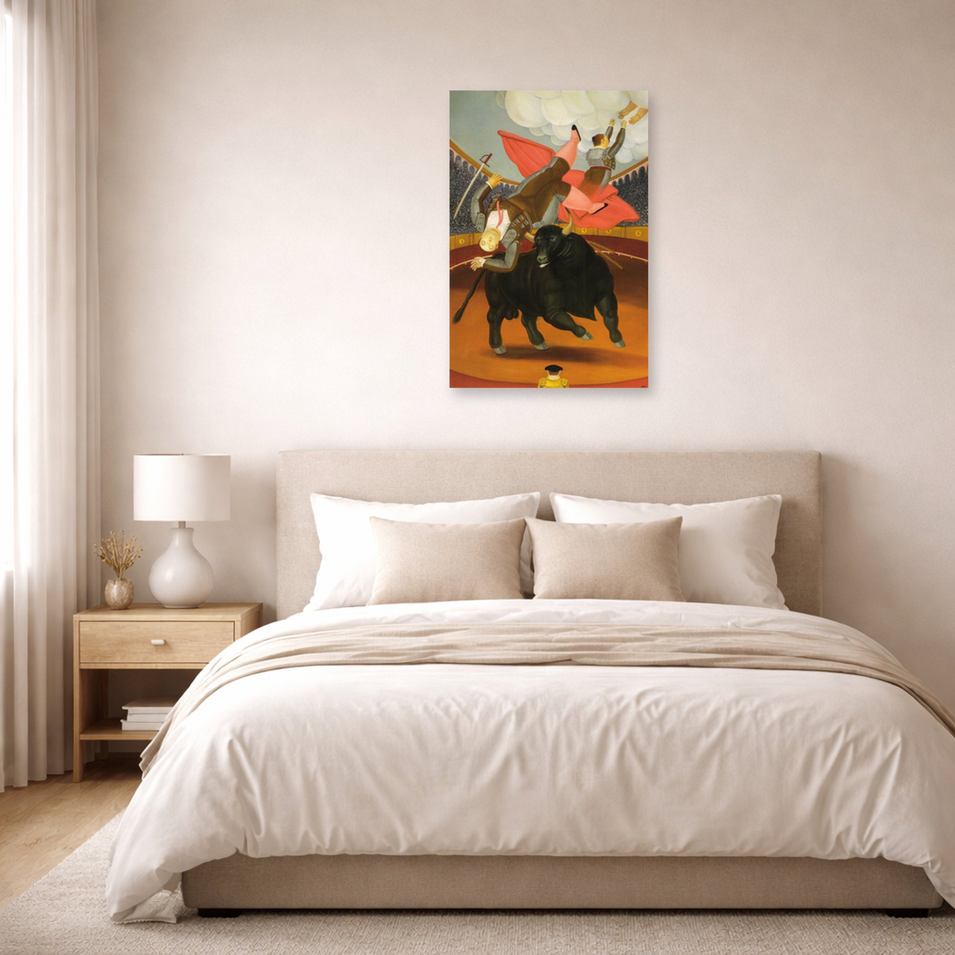 Unframed poster print of Fernando Botero's The Death of Luis Chalet displayed on a wall in a bedroom