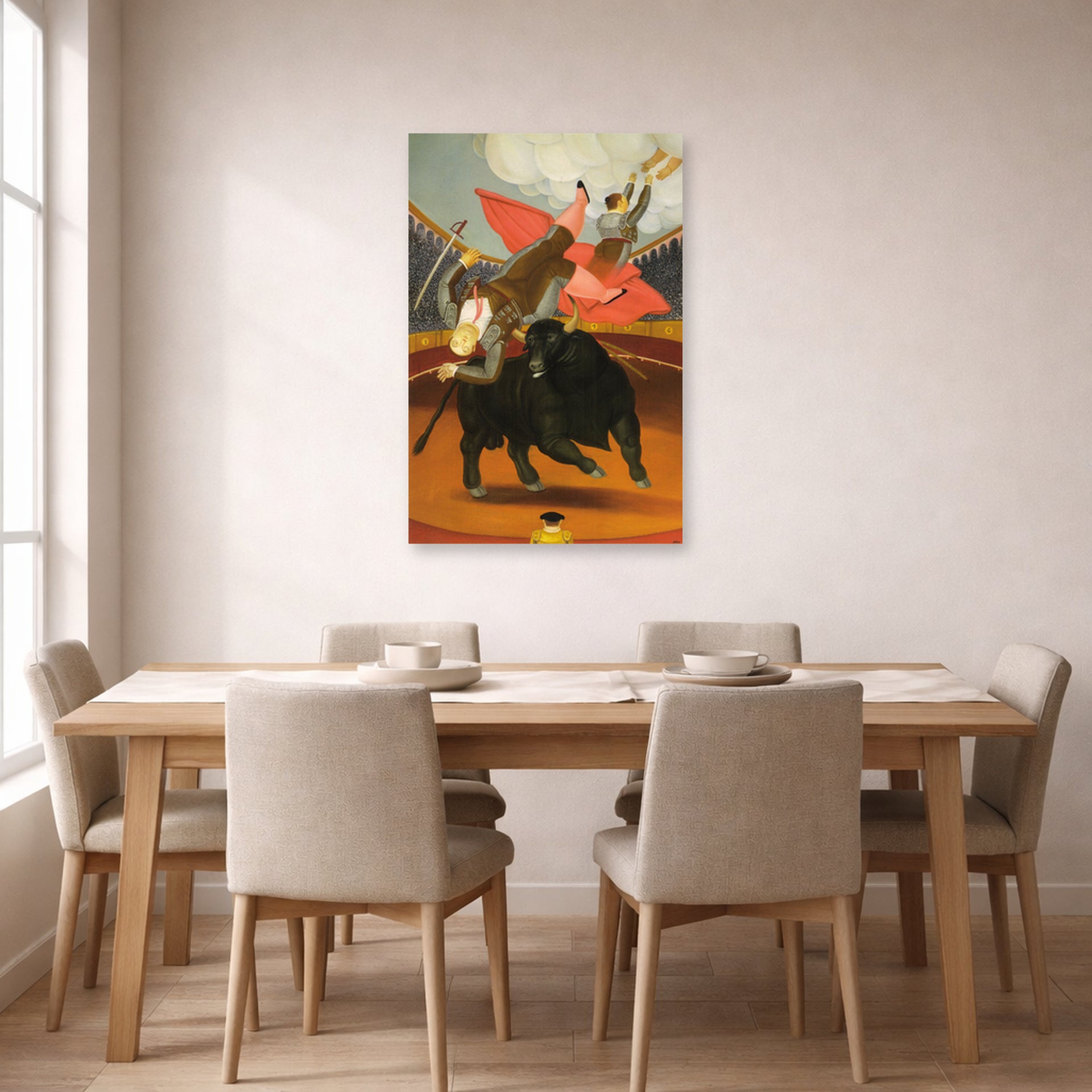 Unframed poster print of Fernando Botero's The Death of Luis Chalet displayed on a wall in a dining room