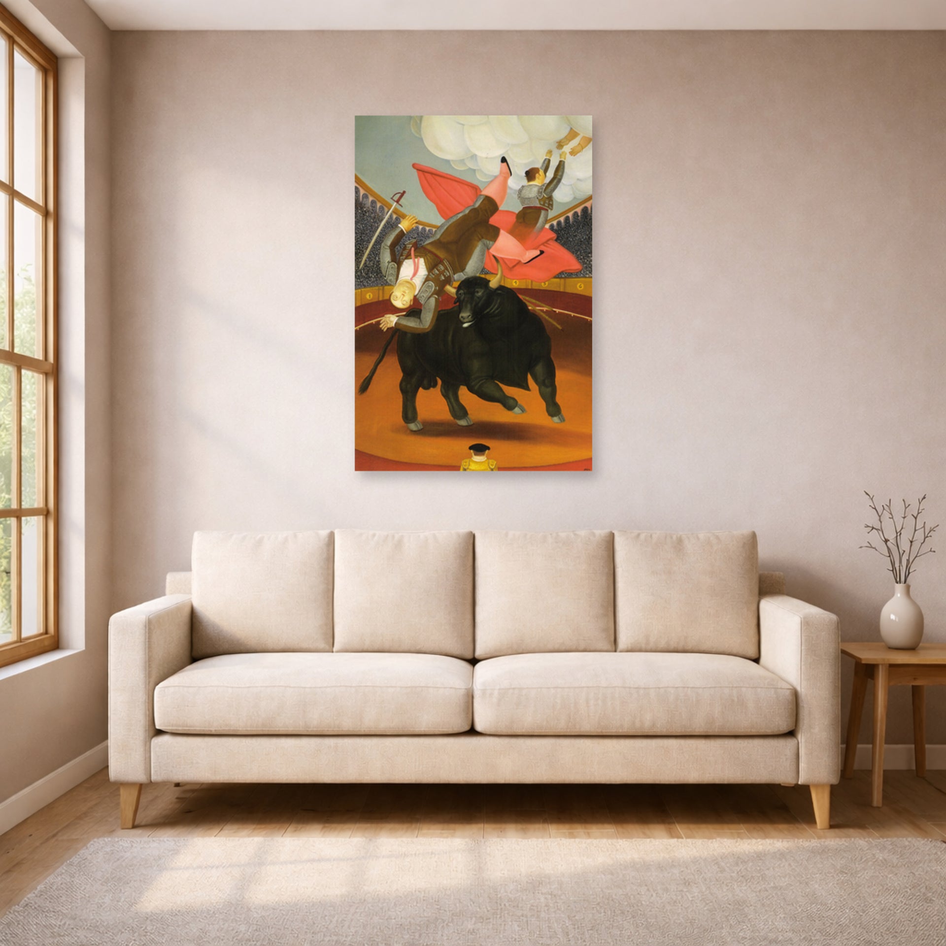 Unframed poster print of Fernando Botero's The Death of Luis Chalet displayed on a wall in a living room