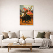 Unframed poster print of Fernando Botero's The Death of Luis Chalet displayed on a wall in a living room