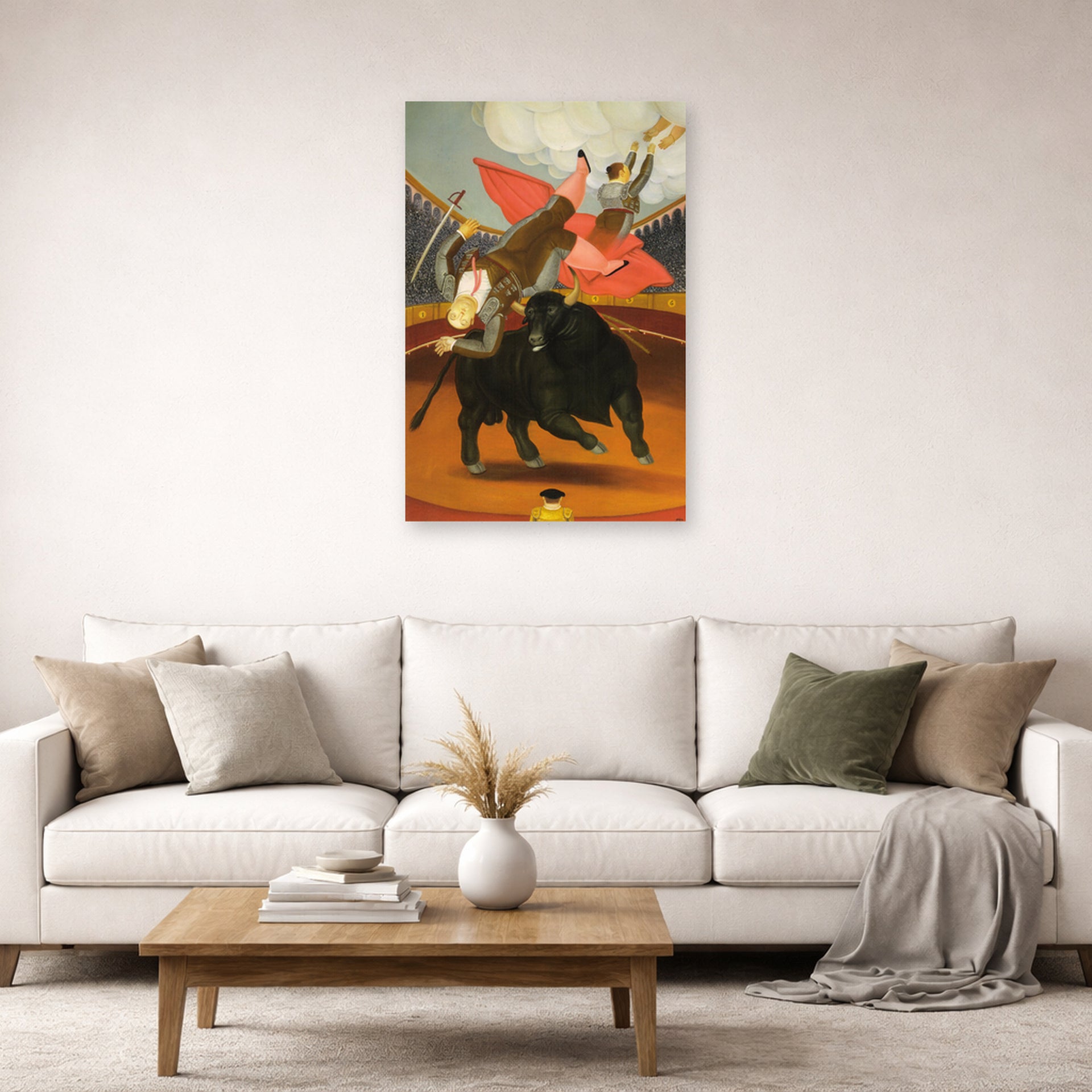 Unframed poster print of Fernando Botero's The Death of Luis Chalet displayed on a wall in a living room