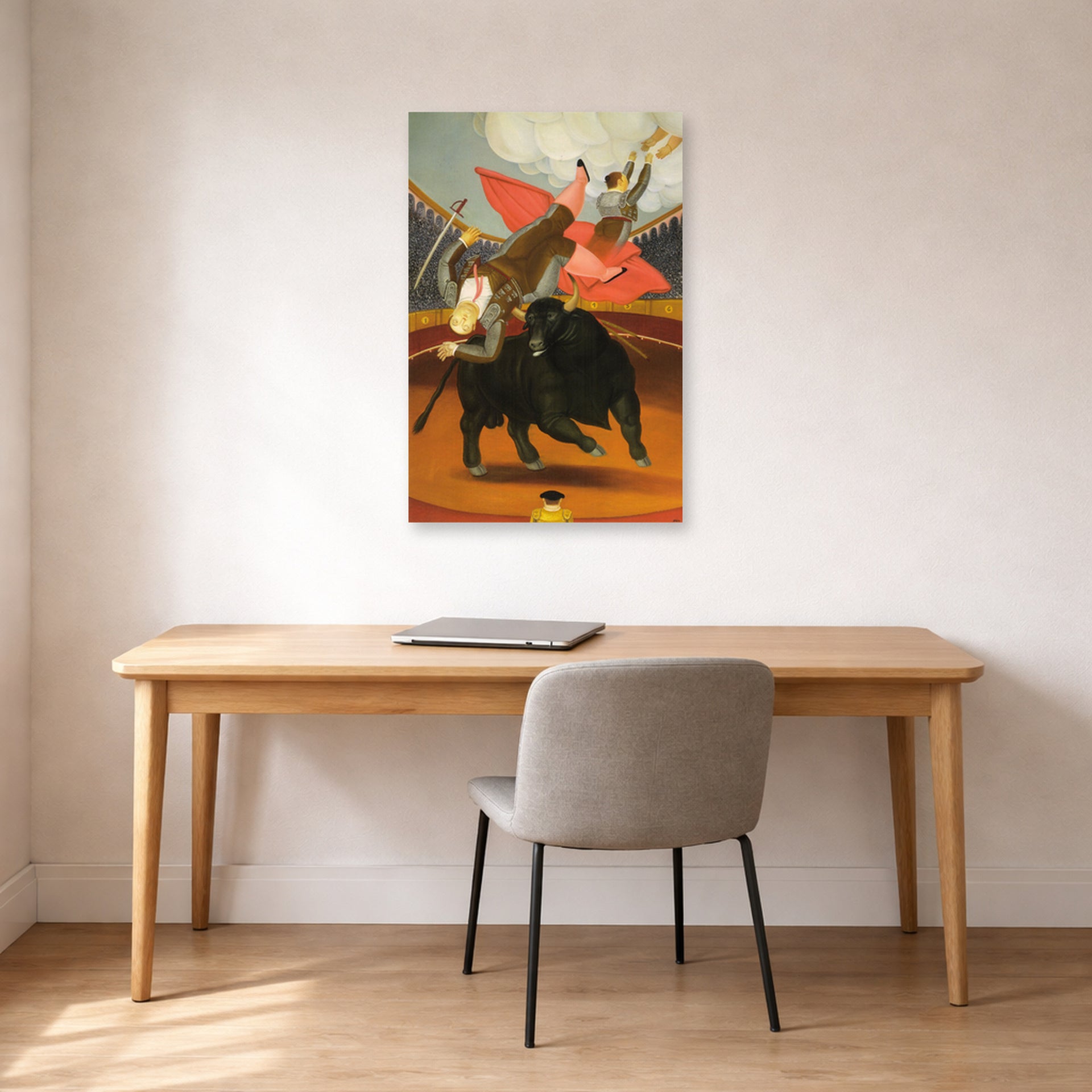 Unframed poster print of Fernando Botero's The Death of Luis Chalet displayed on a wall in a home office