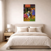 Gallery-wrapped canvas print of Fernando Botero's The Designers displayed on a wall in a bedroom
