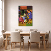 Gallery-wrapped canvas print of Fernando Botero's The Designers displayed on a wall in a dining room