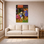 Gallery-wrapped canvas print of Fernando Botero's The Designers displayed on a wall in a living room