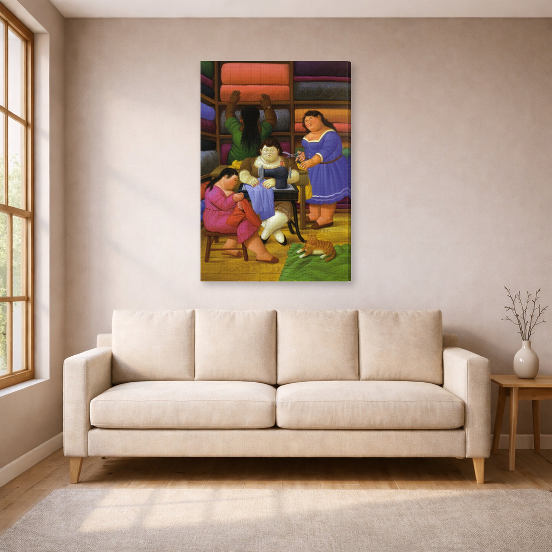 Gallery-wrapped canvas print of Fernando Botero's The Designers displayed on a wall in a living room