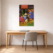 Gallery-wrapped canvas print of Fernando Botero's The Designers displayed on a wall in a home office