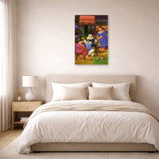 Unframed poster print of Fernando Botero's The Designers displayed on a wall in a bedroom