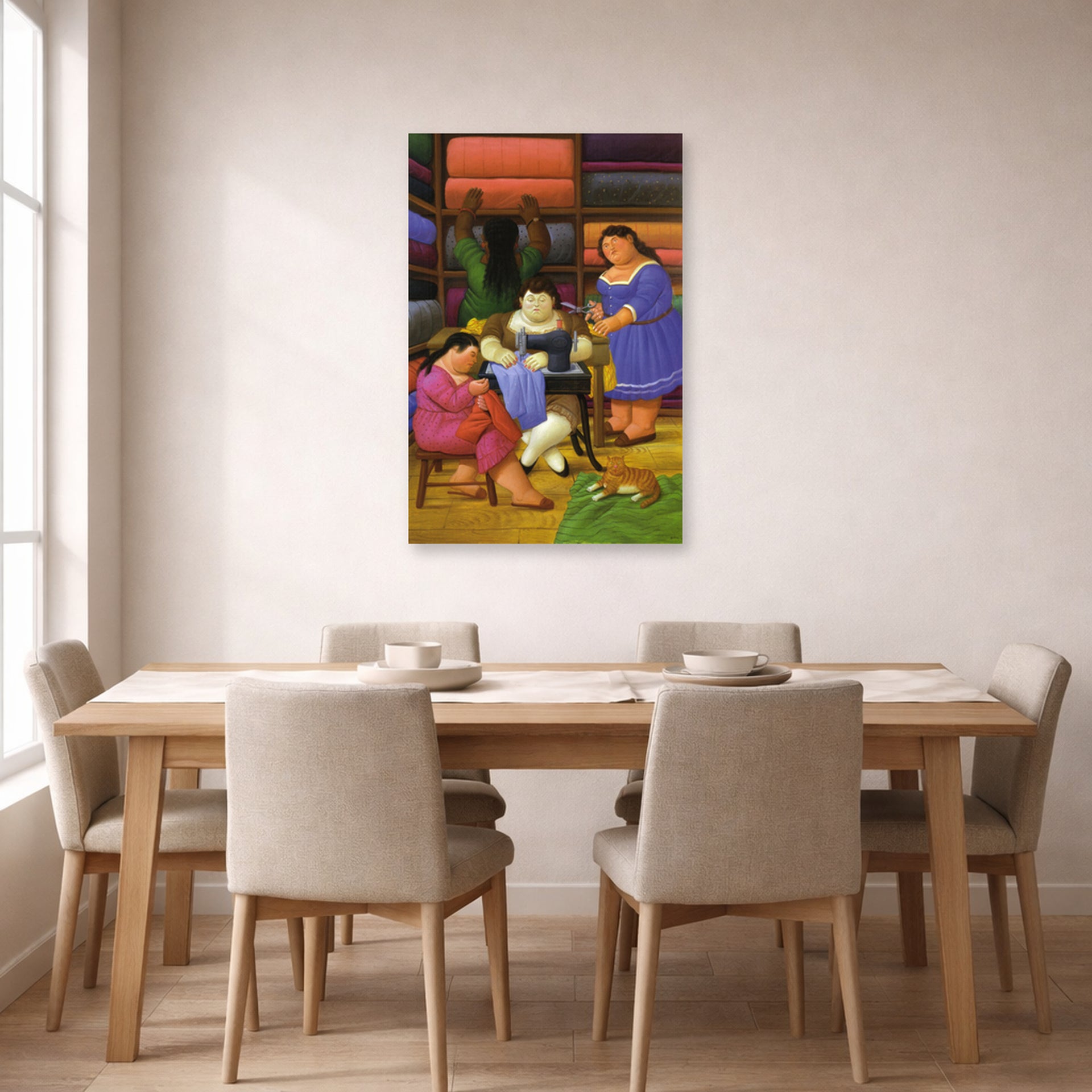 Unframed poster print of Fernando Botero's The Designers displayed on a wall in a dining room