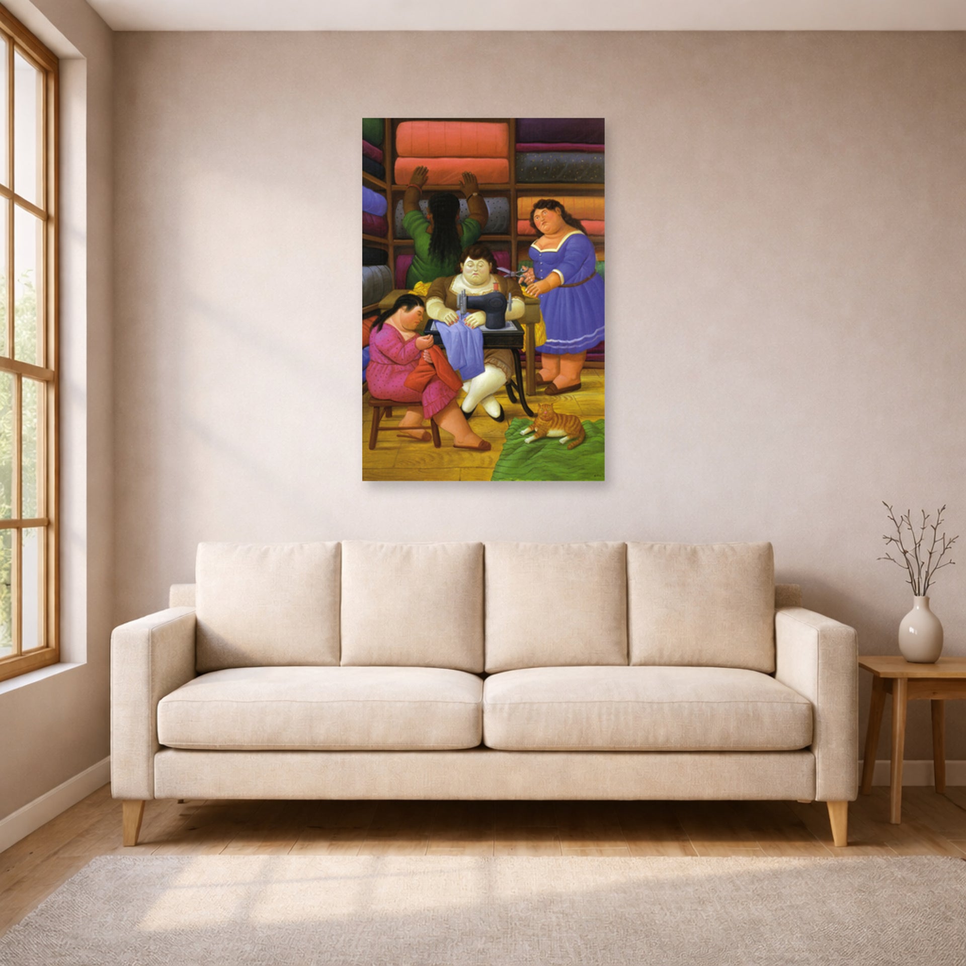 Unframed poster print of Fernando Botero's The Designers displayed on a wall in a living room