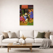 Unframed poster print of Fernando Botero's The Designers displayed on a wall in a living room