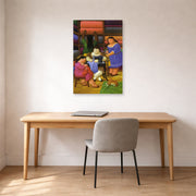 Unframed poster print of Fernando Botero's The Designers displayed on a wall in a home office