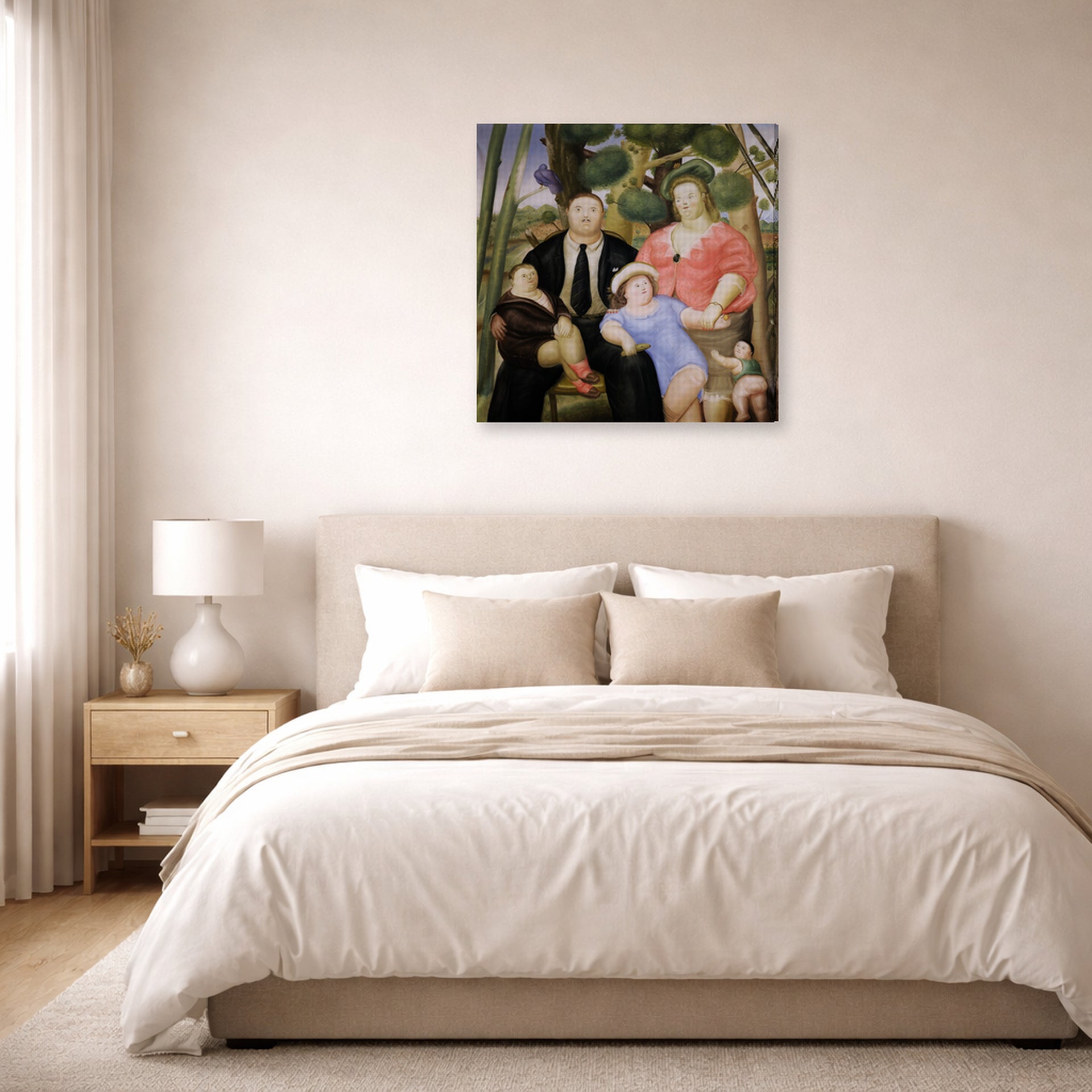 Gallery-wrapped canvas print of Fernando Botero's The Family displayed on a wall in a bedroom