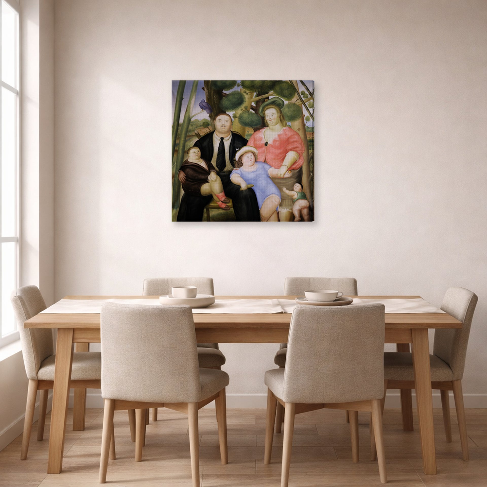 Gallery-wrapped canvas print of Fernando Botero's The Family displayed on a wall in a dining room