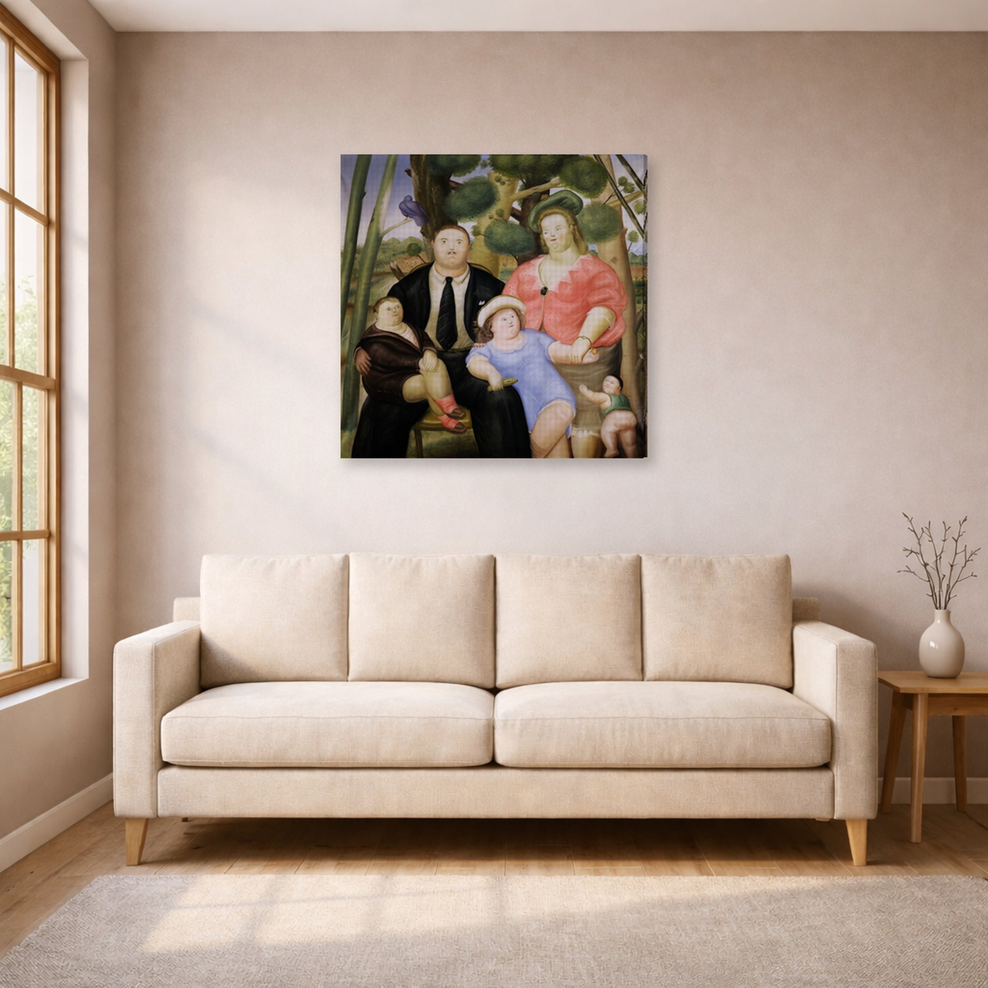 Gallery-wrapped canvas print of Fernando Botero's The Family displayed on a wall in a living room