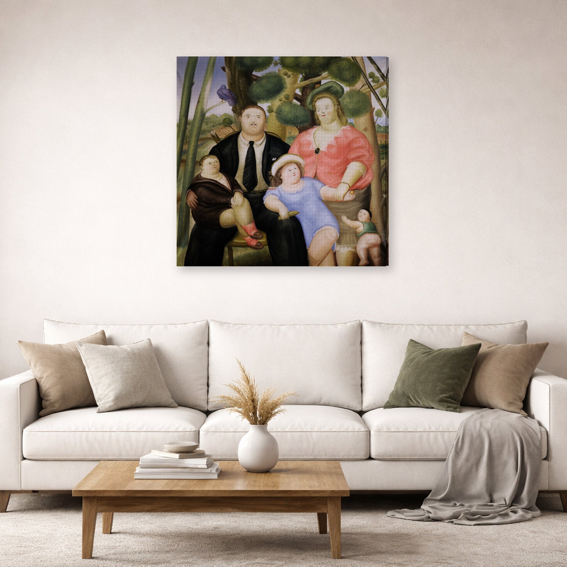 Gallery-wrapped canvas print of Fernando Botero's The Family displayed on a wall in a living room