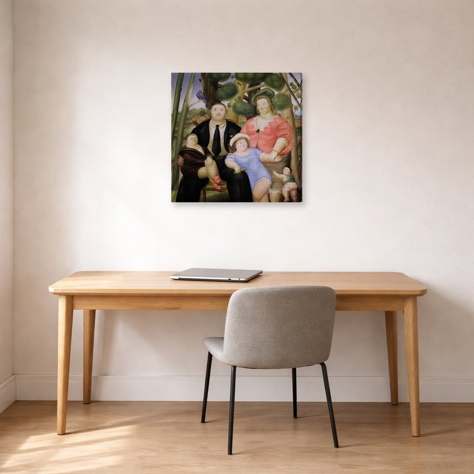 Gallery-wrapped canvas print of Fernando Botero's The Family displayed on a wall in a home office