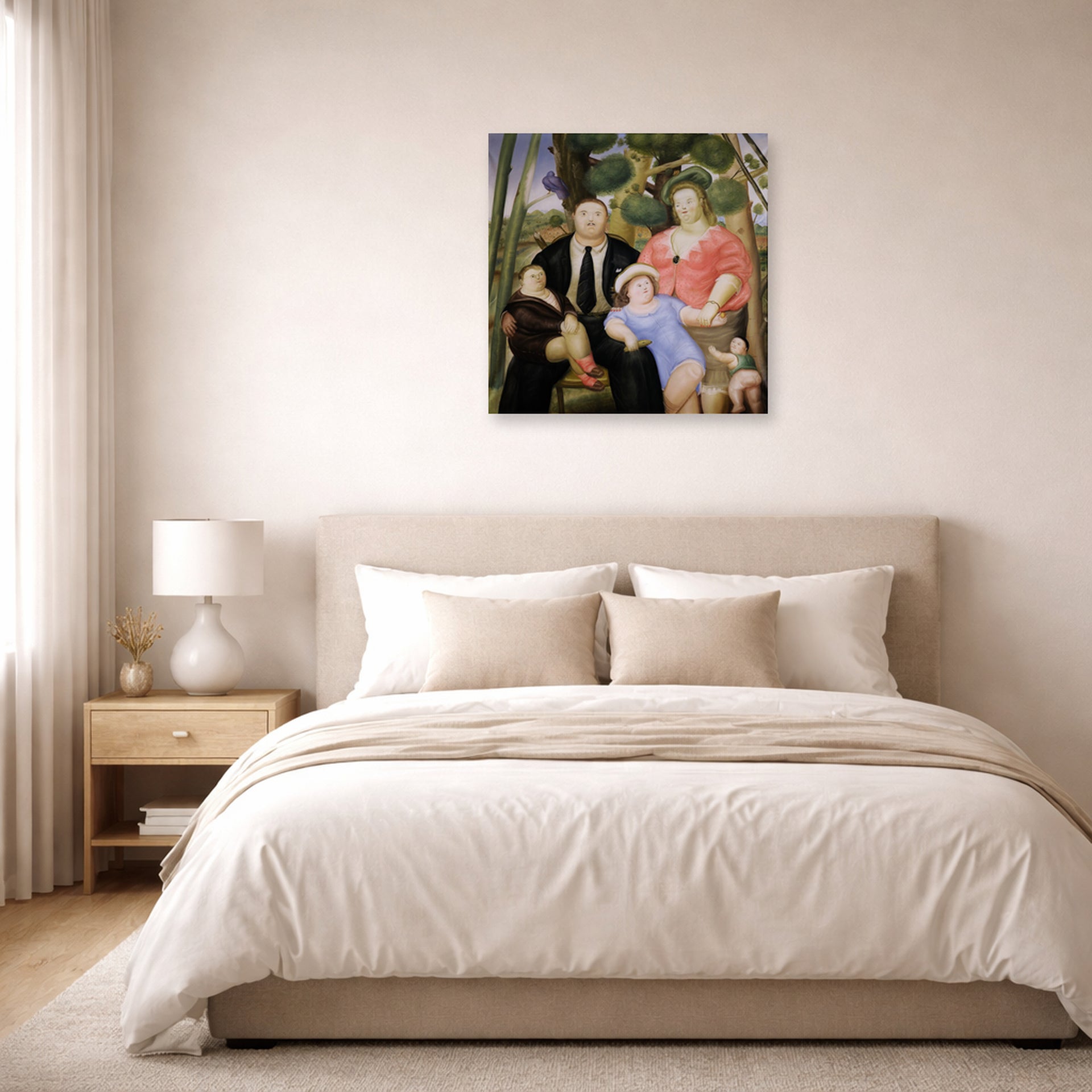 Unframed poster print of Fernando Botero's The Family displayed on a wall in a bedroom