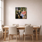 Unframed poster print of Fernando Botero's The Family displayed on a wall in a dining room