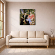 Unframed poster print of Fernando Botero's The Family displayed on a wall in a living room