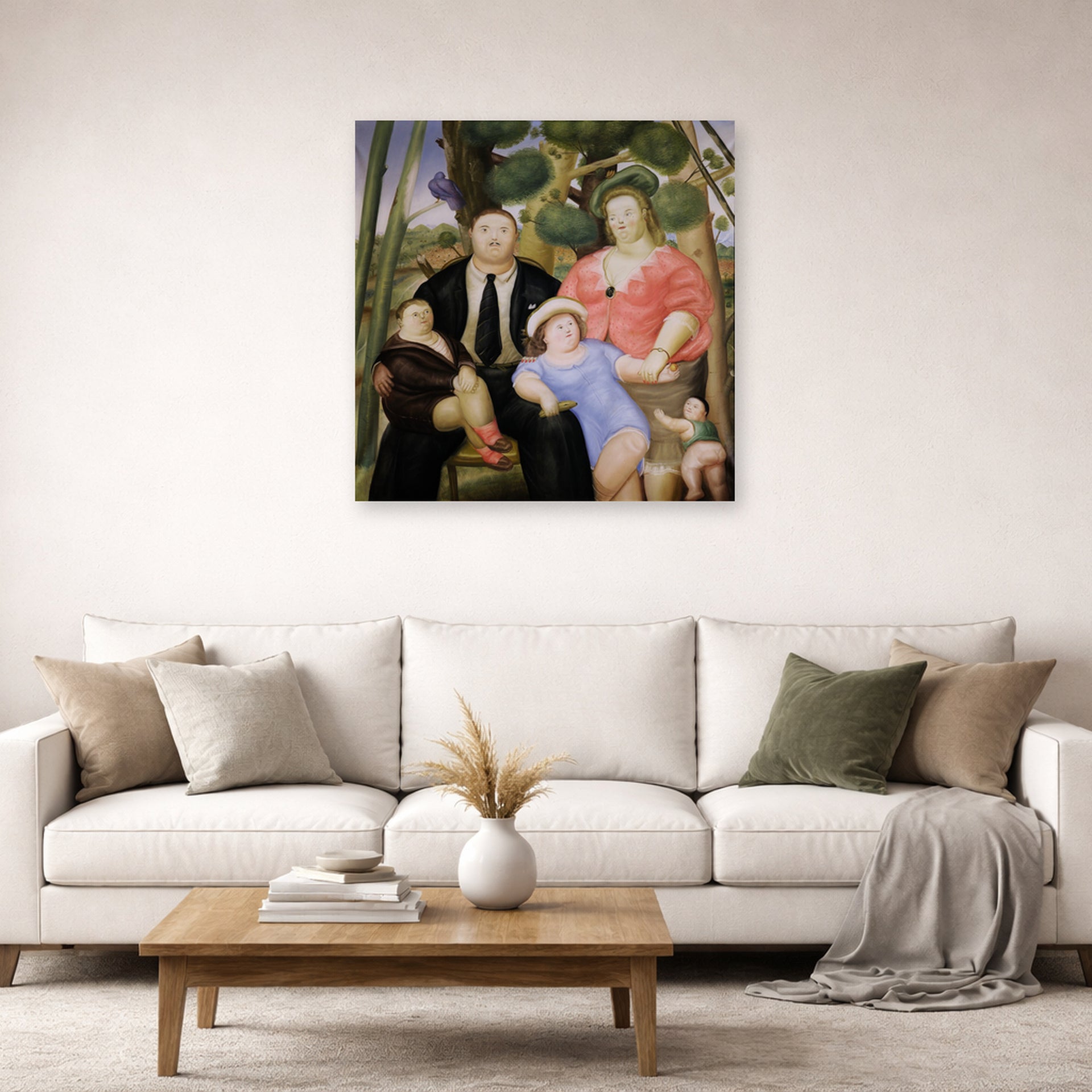 Unframed poster print of Fernando Botero's The Family displayed on a wall in a living room