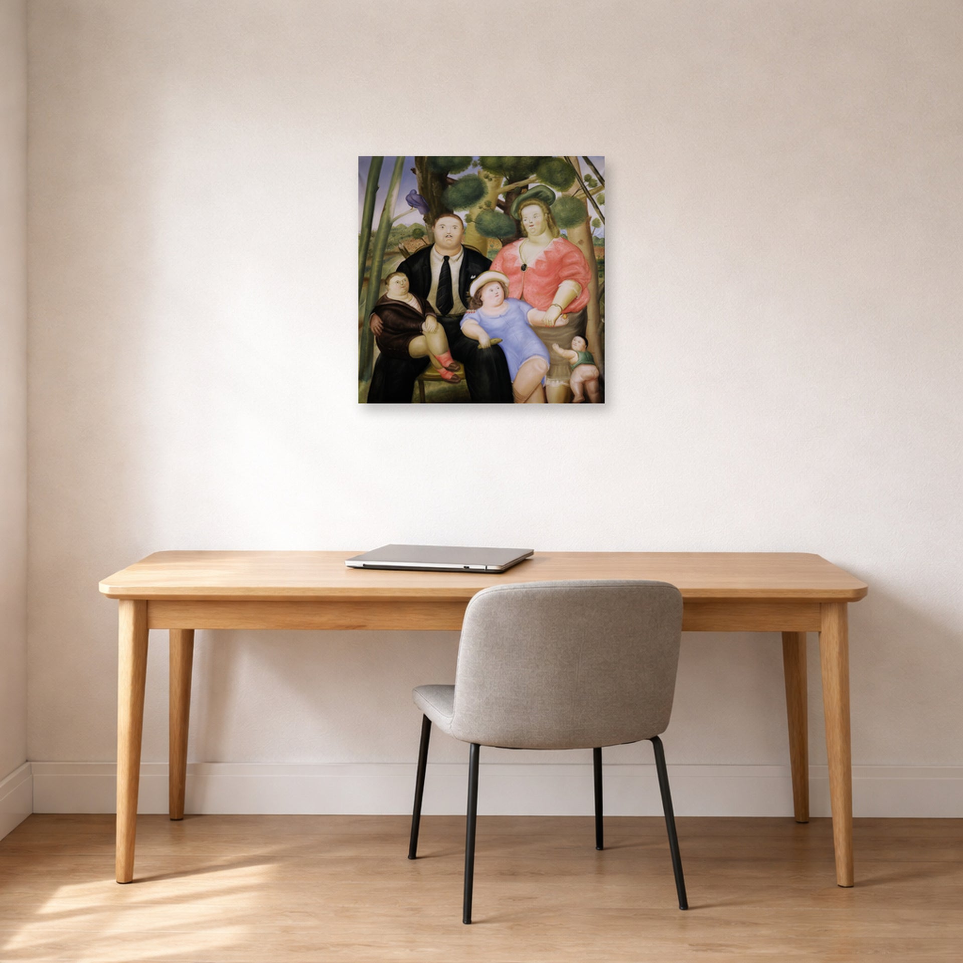 Unframed poster print of Fernando Botero's The Family displayed on a wall in a home office