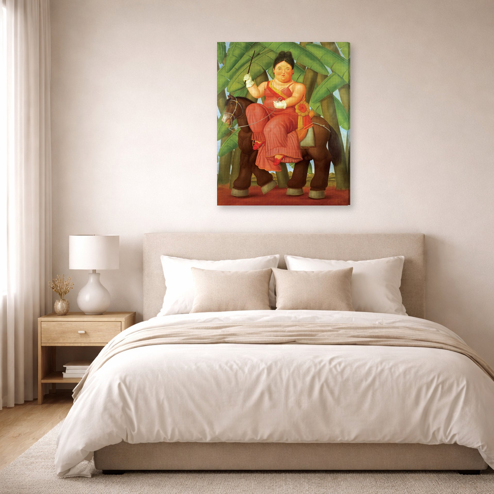 Gallery-wrapped canvas print of Fernando Botero's The First displayed on a wall in a bedroom