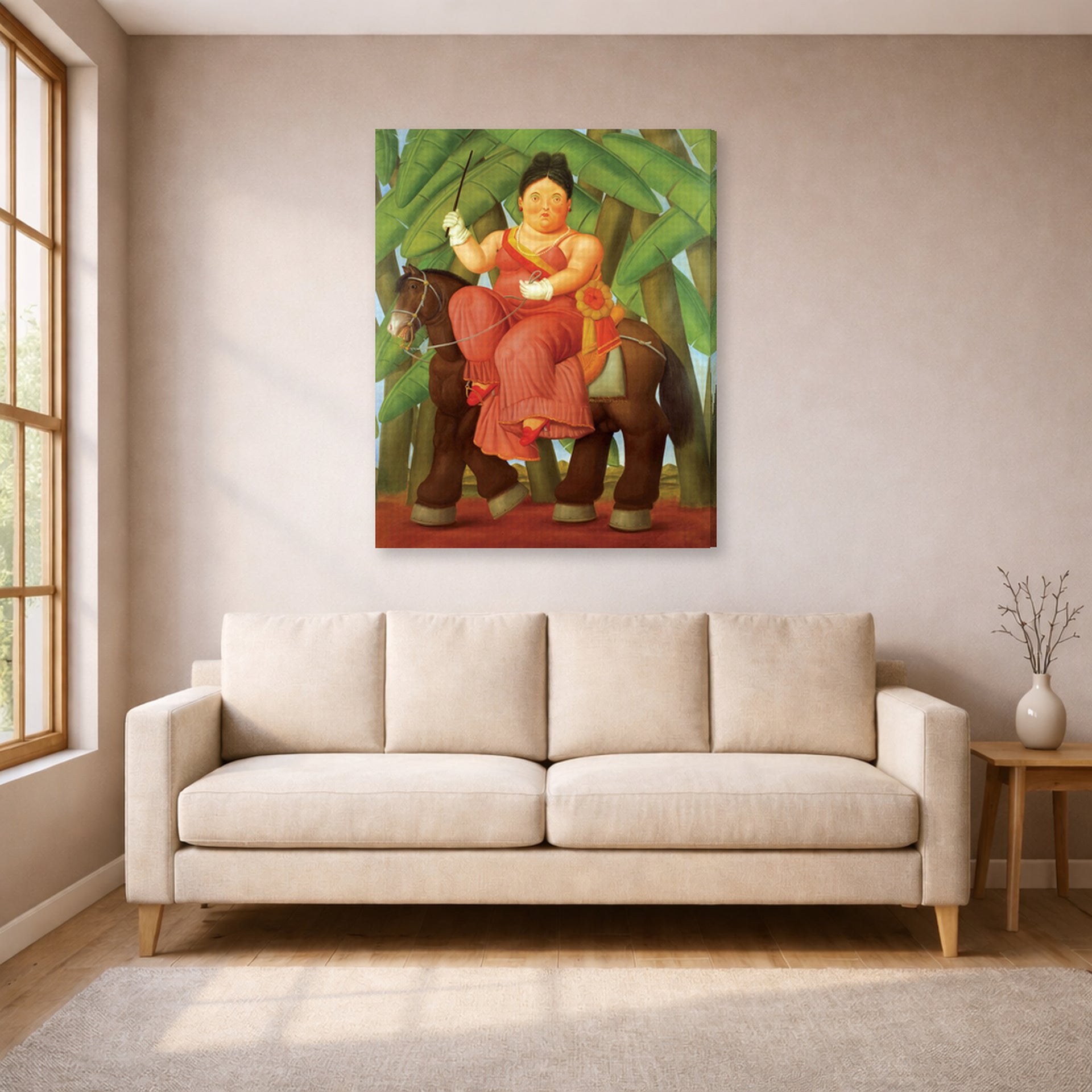 Gallery-wrapped canvas print of Fernando Botero's The First displayed on a wall in a living room