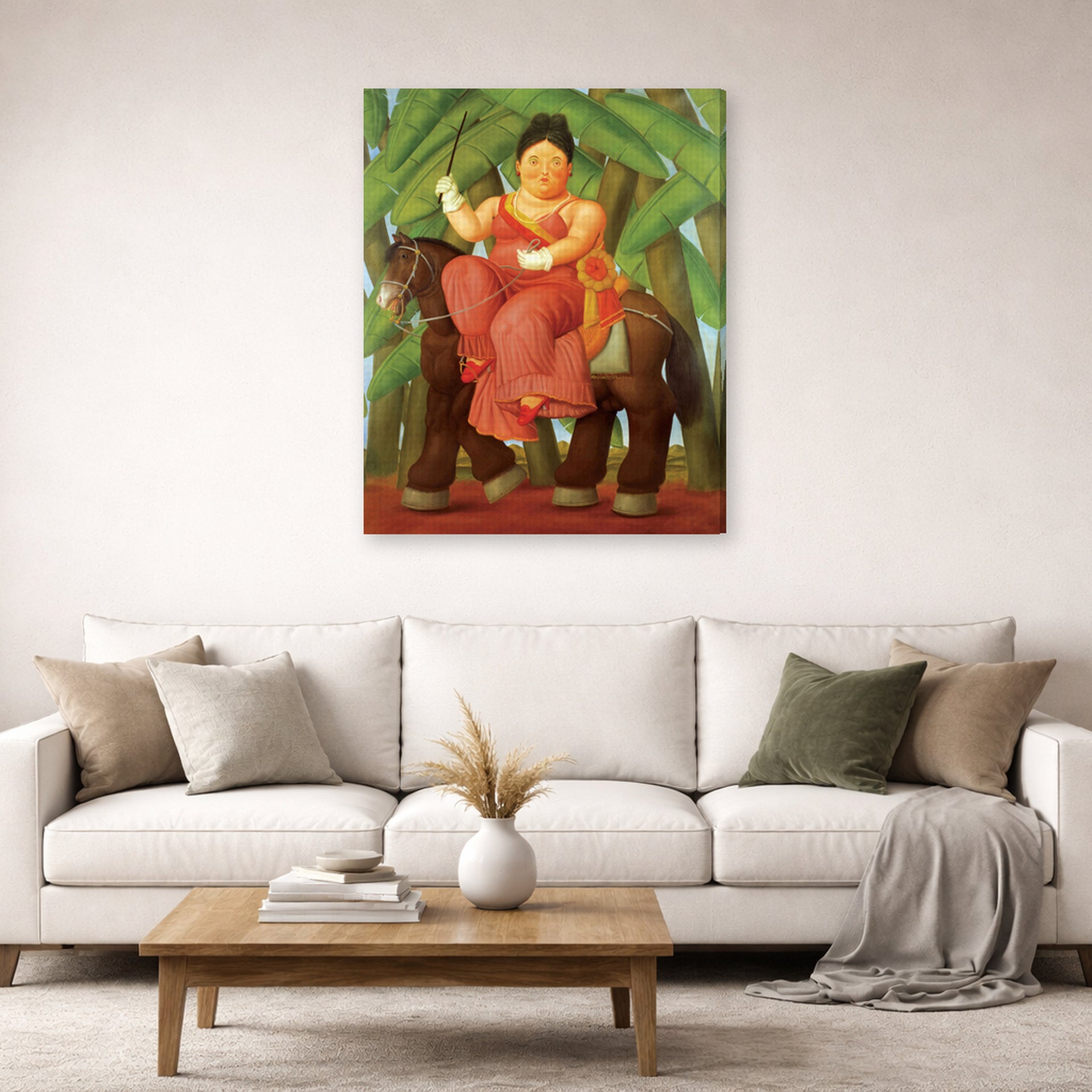 Gallery-wrapped canvas print of Fernando Botero's The First displayed on a wall in a living room