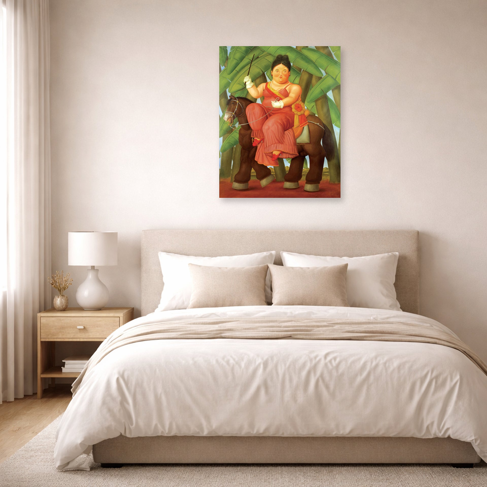 Unframed poster print of Fernando Botero's The First displayed on a wall in a bedroom