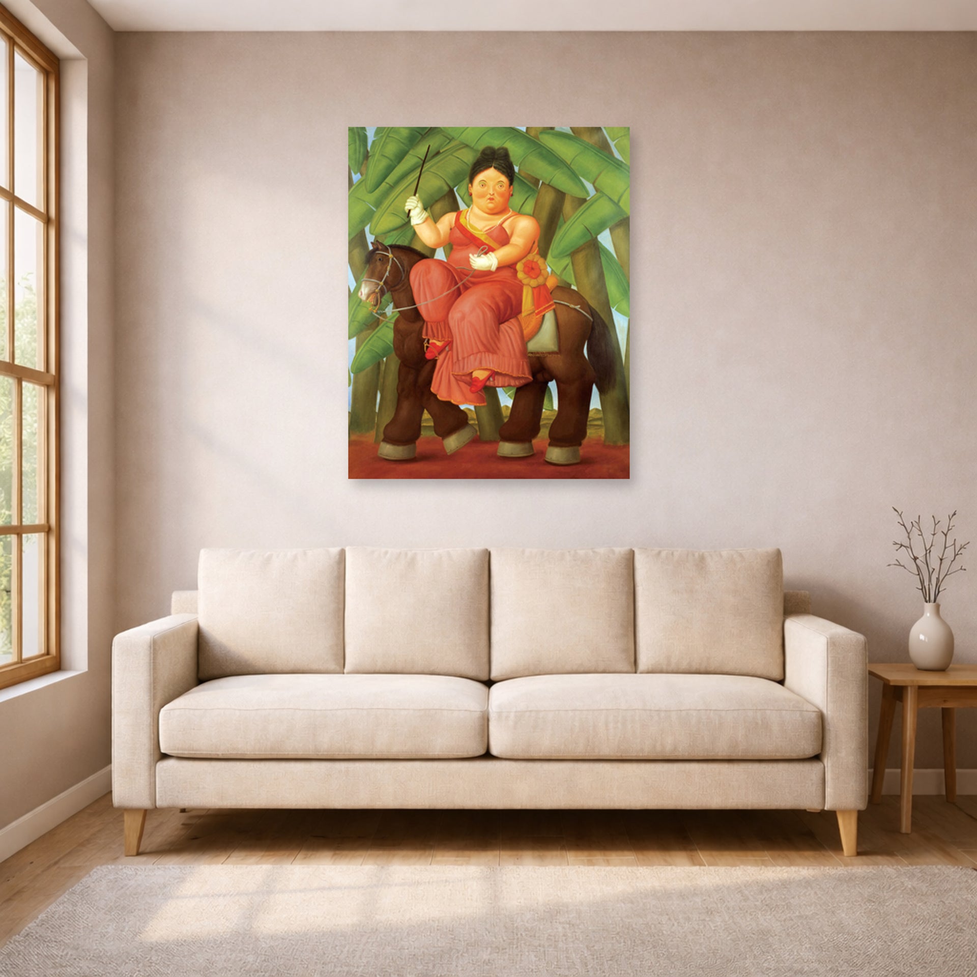 Unframed poster print of Fernando Botero's The First displayed on a wall in a living room
