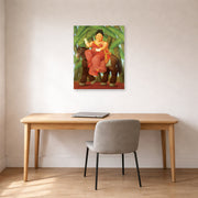 Unframed poster print of Fernando Botero's The First displayed on a wall in a home office