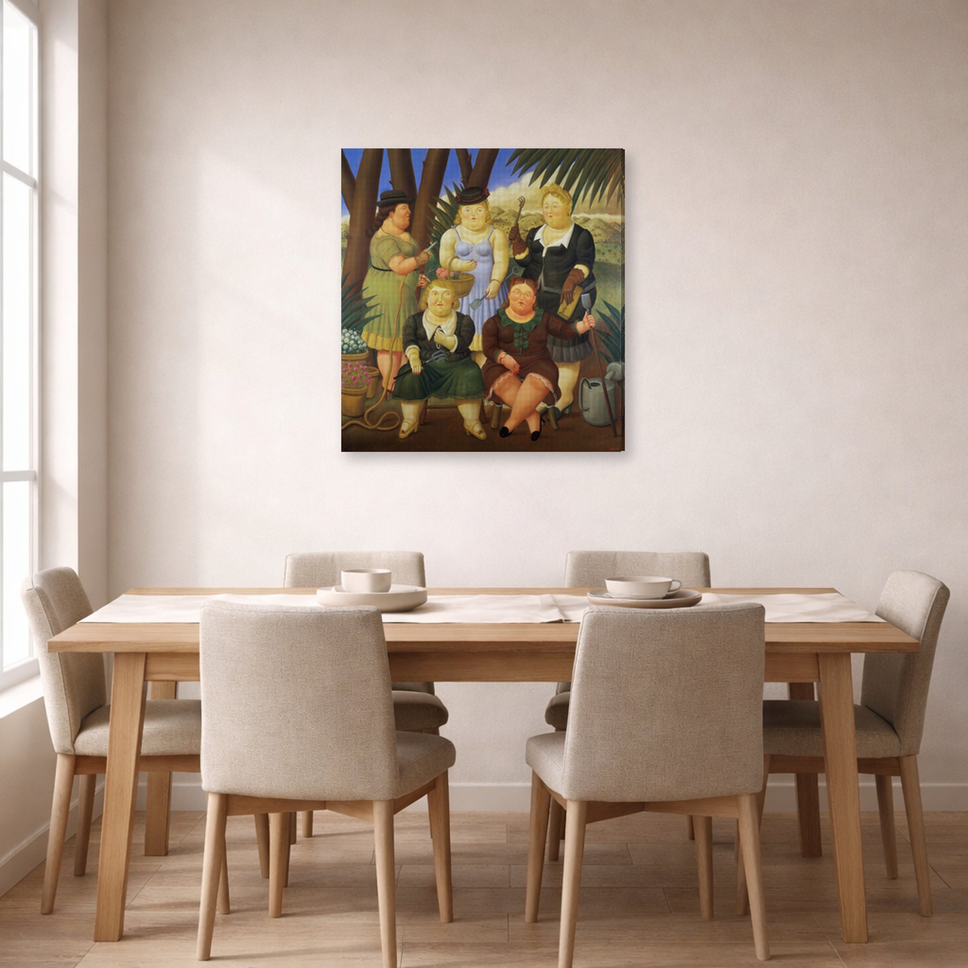 Gallery-wrapped canvas print of Fernando Botero's The Garden Club displayed on a wall in a dining room