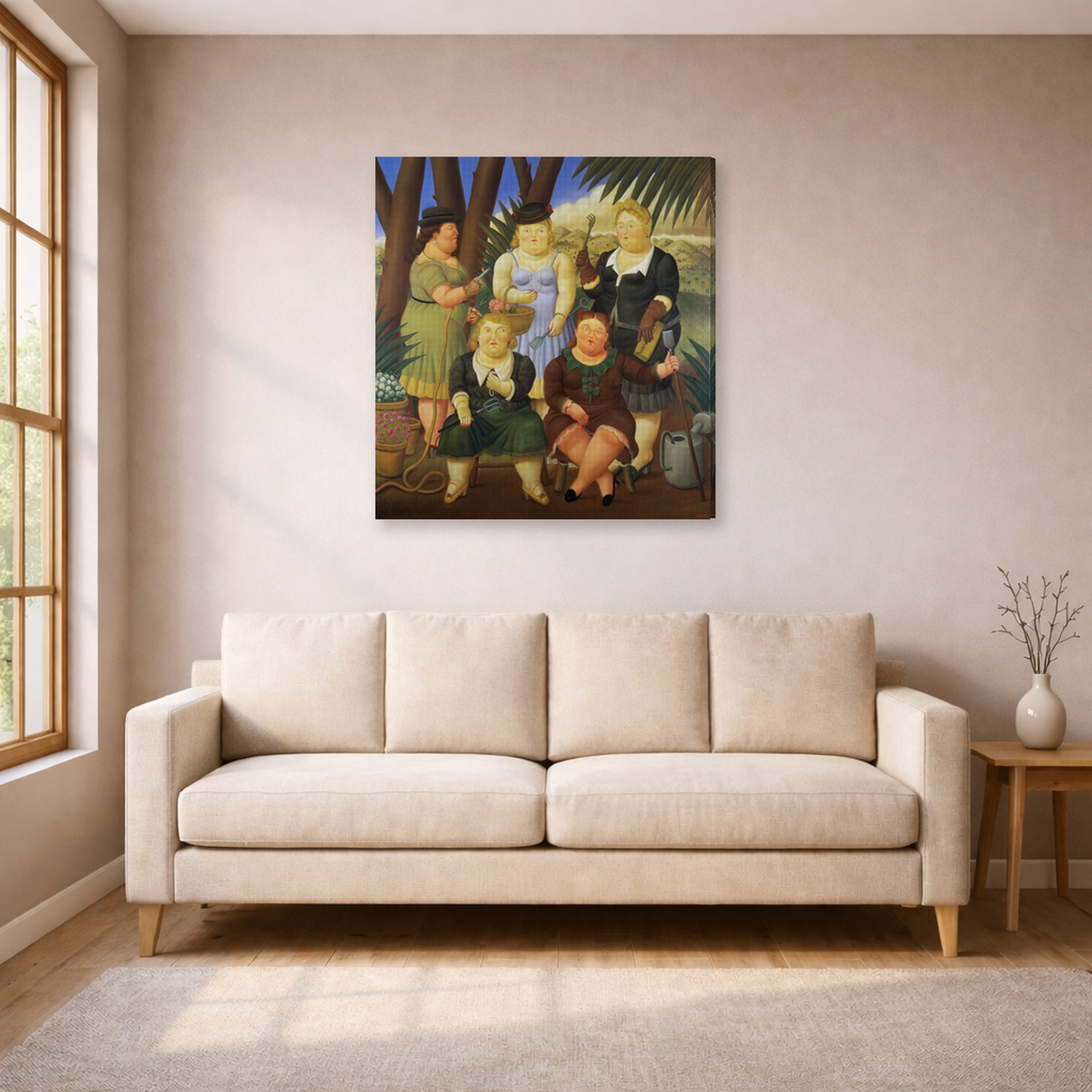 Gallery-wrapped canvas print of Fernando Botero's The Garden Club displayed on a wall in a living room