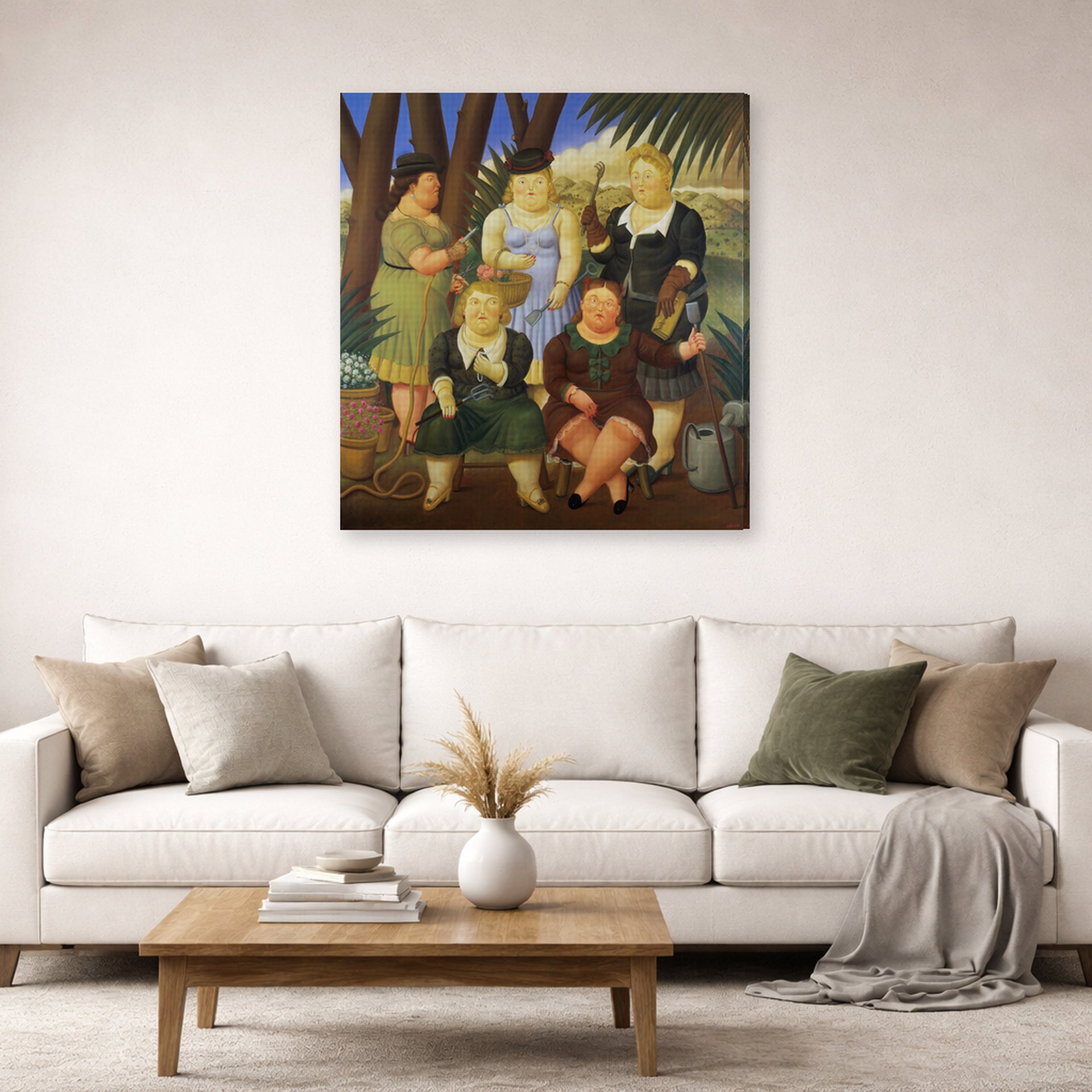 Gallery-wrapped canvas print of Fernando Botero's The Garden Club displayed on a wall in a living room