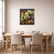 Unframed poster print of Fernando Botero's The Garden Club displayed on a wall in a dining room