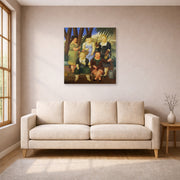 Unframed poster print of Fernando Botero's The Garden Club displayed on a wall in a living room