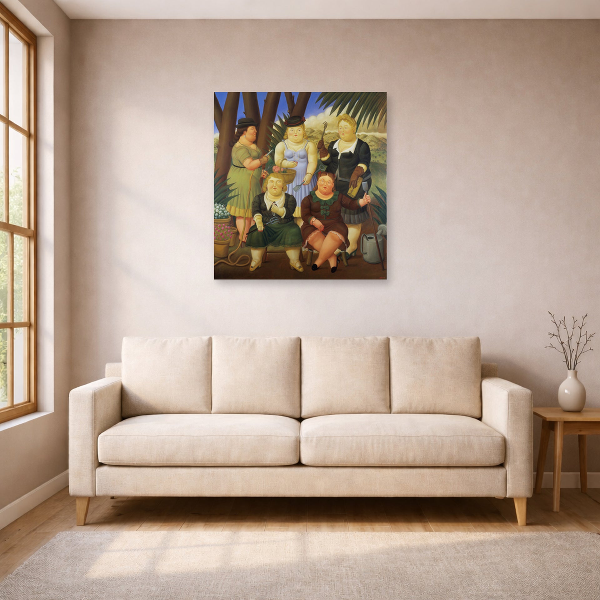 Unframed poster print of Fernando Botero's The Garden Club displayed on a wall in a living room