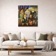 Unframed poster print of Fernando Botero's The Garden Club displayed on a wall in a living room