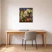 Unframed poster print of Fernando Botero's The Garden Club displayed on a wall in a home office