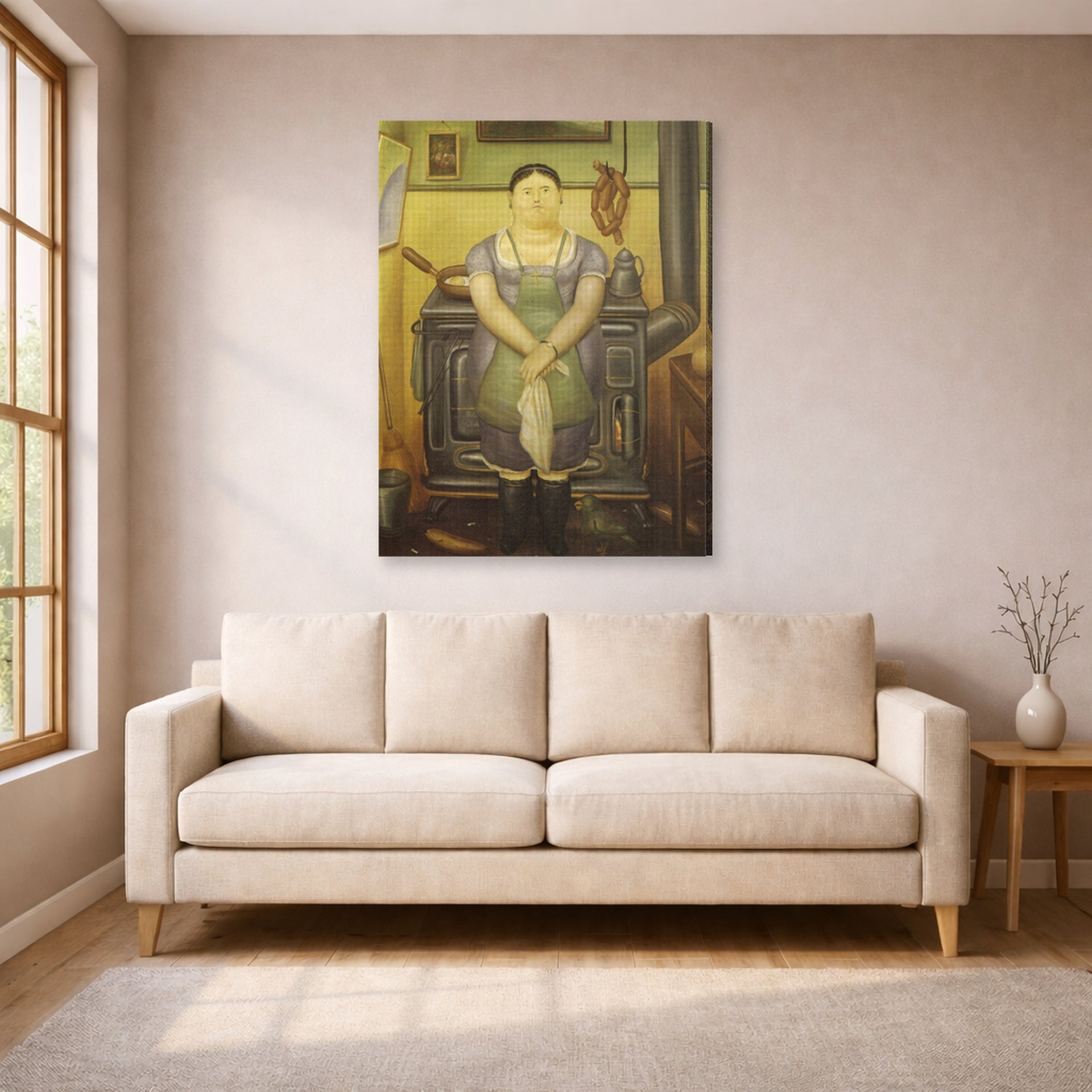 Gallery-wrapped canvas print of Fernando Botero's The Maid displayed on a wall in a living room